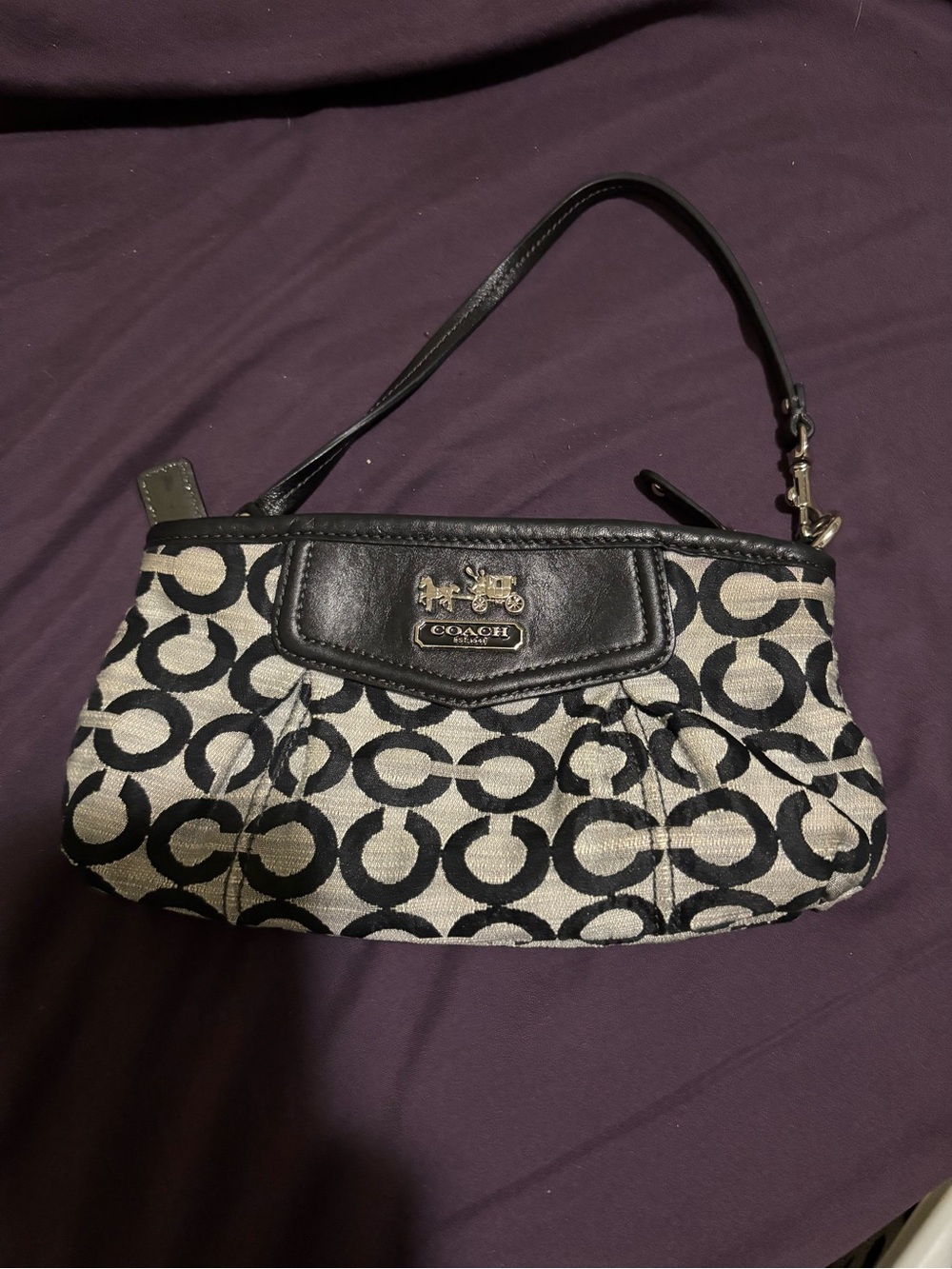 Coach Black & Cream Signature C Wristlet with Leather Trim